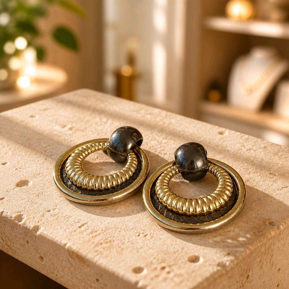 Vintage 80s Door Knocker Goldtone Doughnut Discs Pierced Earrings